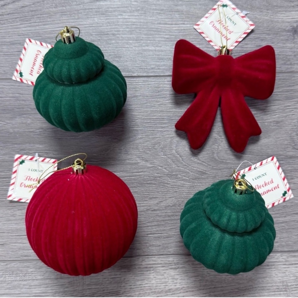 Set of 4 Flocked Red & Green Ornaments Target Bullseye Playground